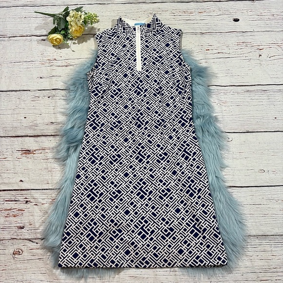 J. McLaughlin Bedford Blue Geometric Zip Neck Shift Dress - Picture 1 of 9